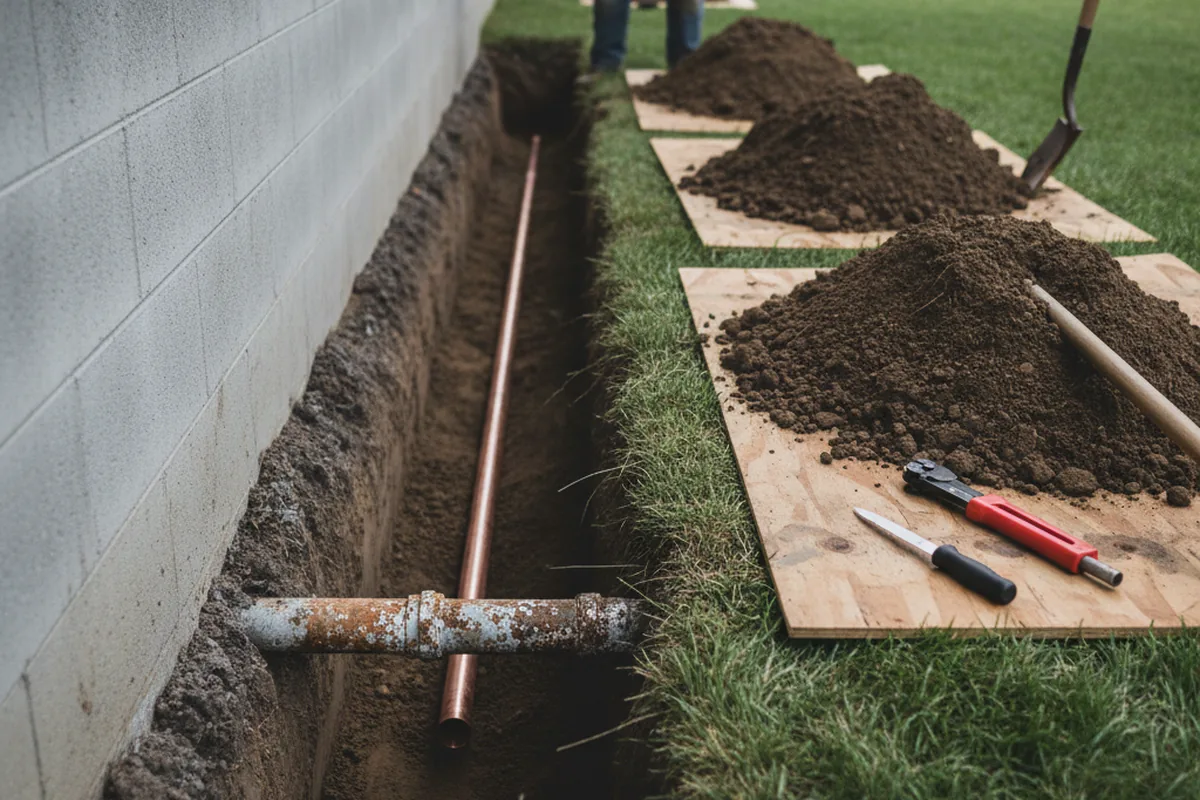 Excavated water line trench during Water Heater Repair in Mount Summit